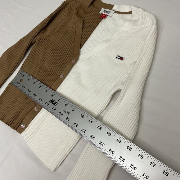 Tommy Hilfiger Womens Two-Tone Ribbed Knit Button-Up Cardigan Tan/White size S - Picture 7 of 9